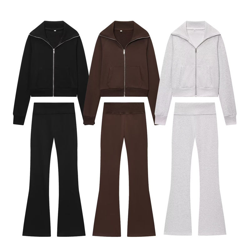 Fleece Jacket with High Waist Flare Pants Set