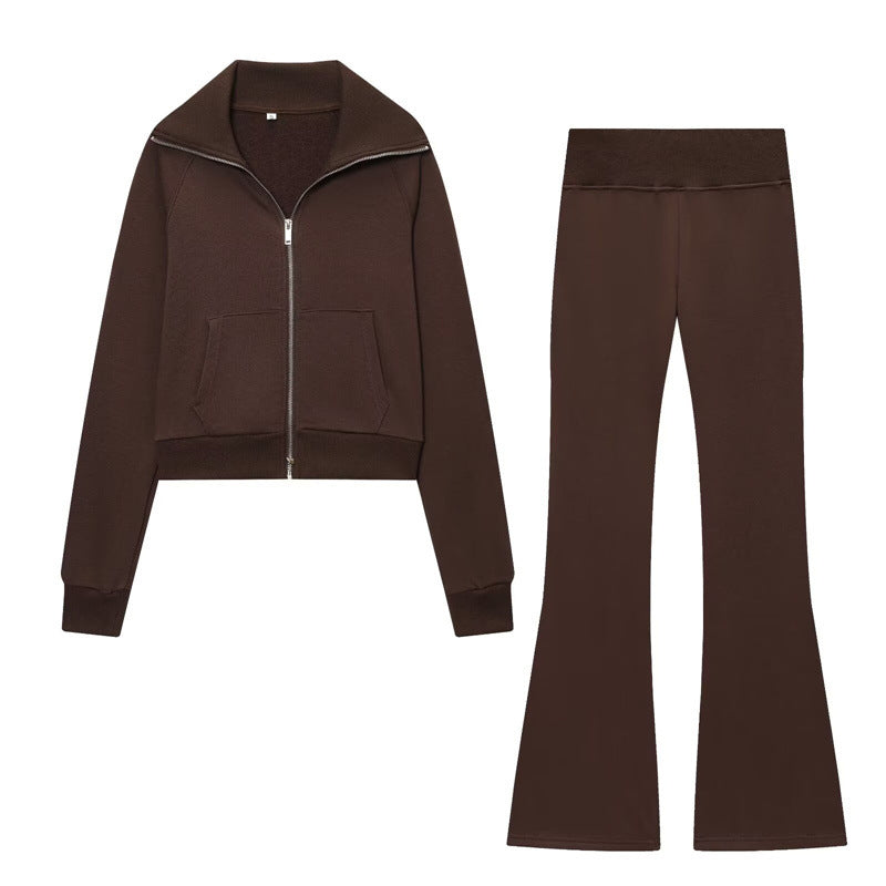 Fleece Jacket with High Waist Flare Pants Set