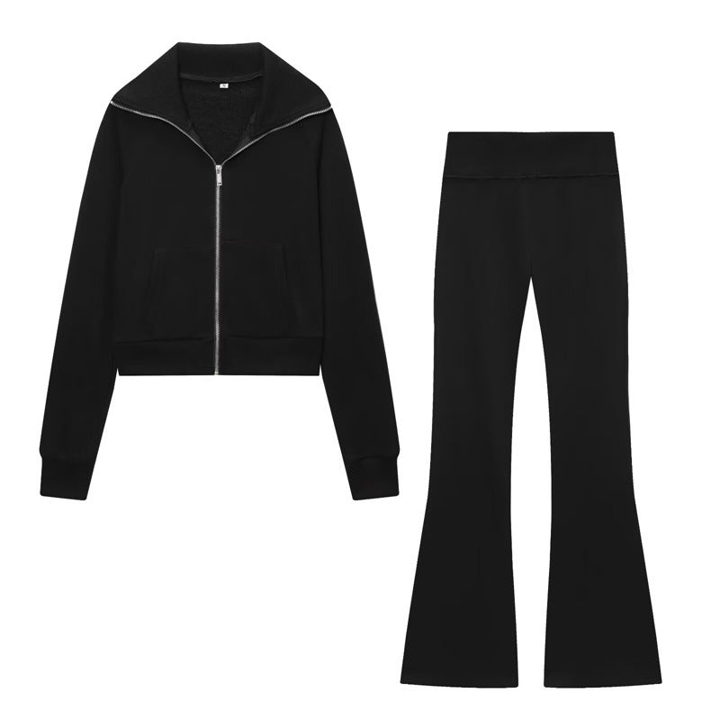 Fleece Jacket with High Waist Flare Pants Set